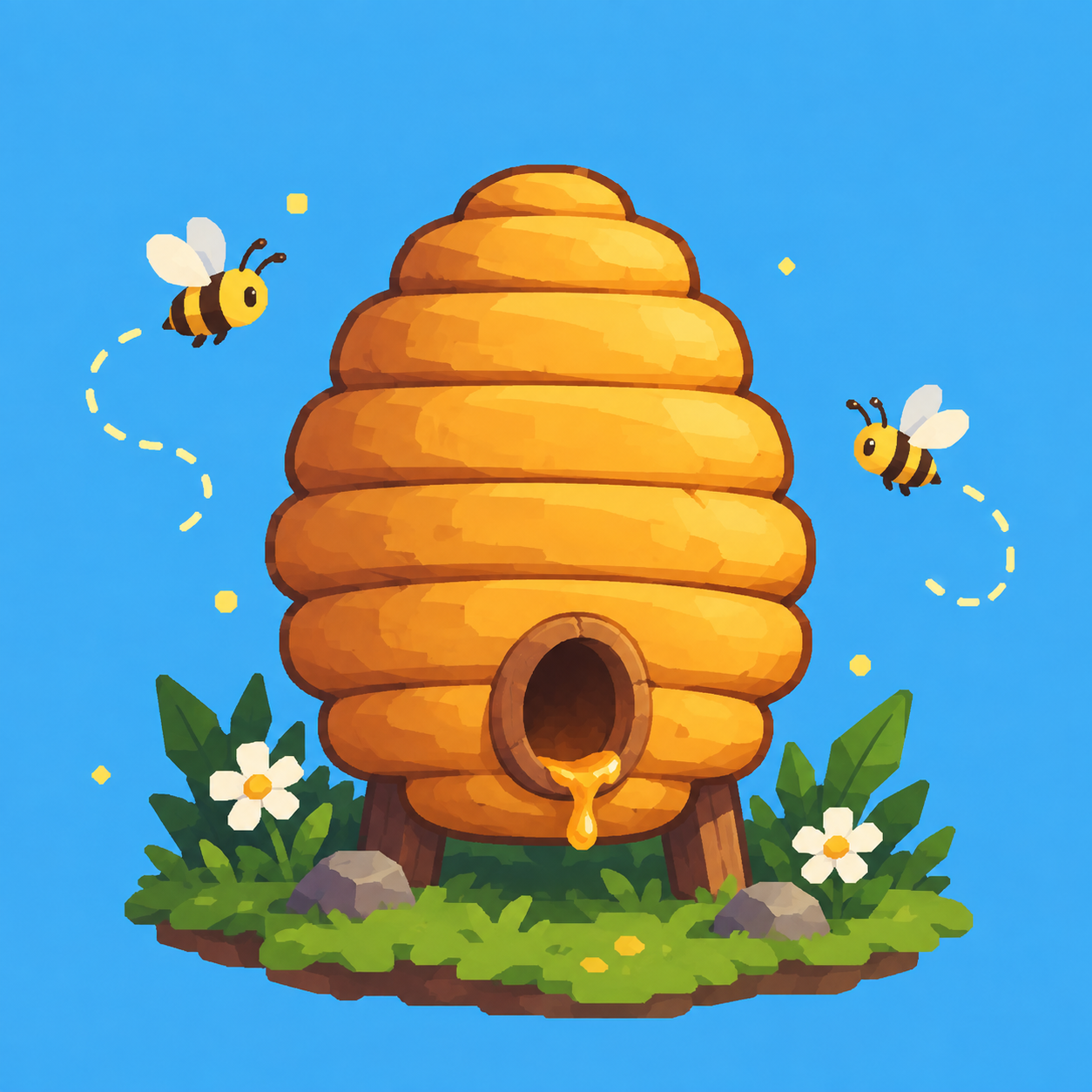 An illustrated beehive with bees flying around it